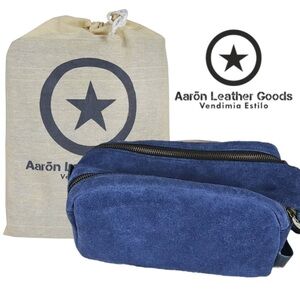 NEW Aaron Leather Goods Toiletry Bag Blue Double Zip Genuine Leather 10"